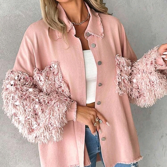 Spring & Fall Turn-Down Collar Contrast Sequin Raw Hem Button Front Shacket - Picture 6 of 6